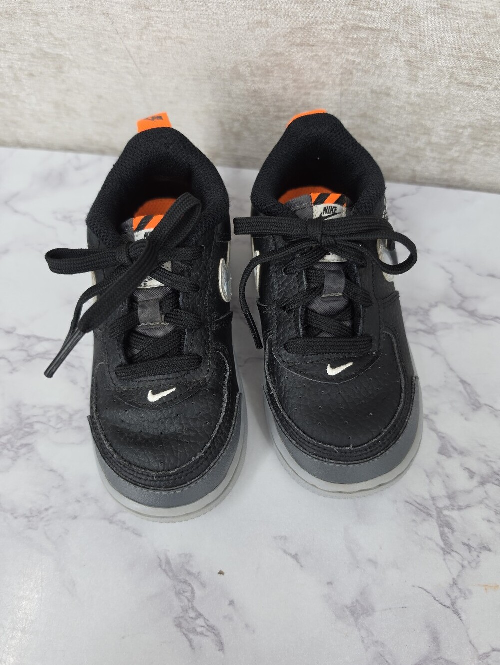 Nike Air Force Lv8 Kids Black & Gray Low-Top Sneakers with Orange Accent - Picture 5 of 11